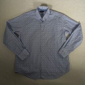 Visconti Mens Blue White Mercerized Cotton Geometric Button‎ Down Shirt Large